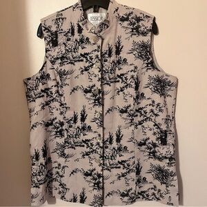 Linen Blend Sleeveless Toile Print Button Up Top